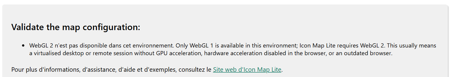 Le message affiché dans le visuel quand WebGL 2 n'est pas disponible