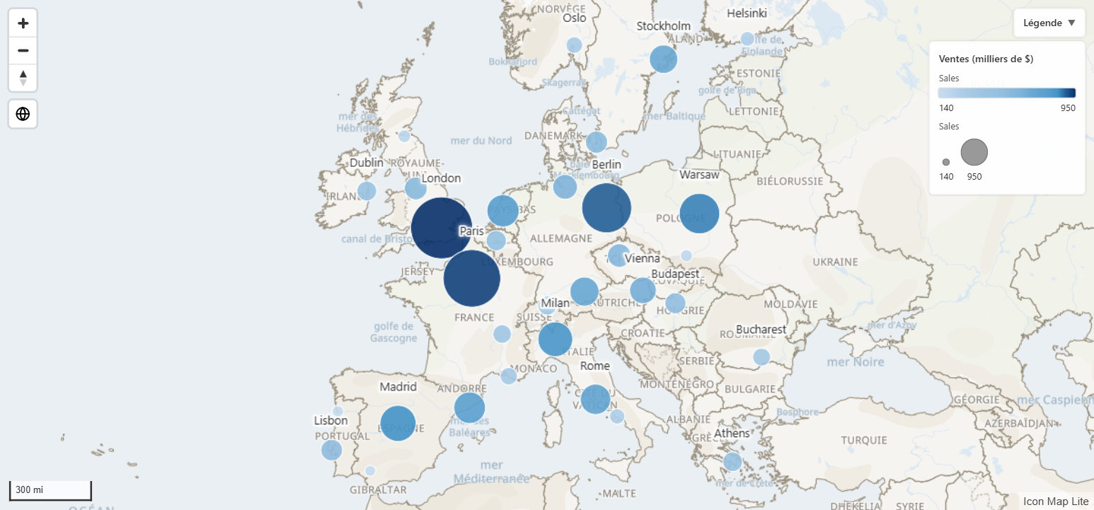 Une carte Icon Map Lite de l'Europe avec des cercles dimensionnés et colorés selon les ventes, des étiquettes de villes et une légende, sur la carte du monde intégrée