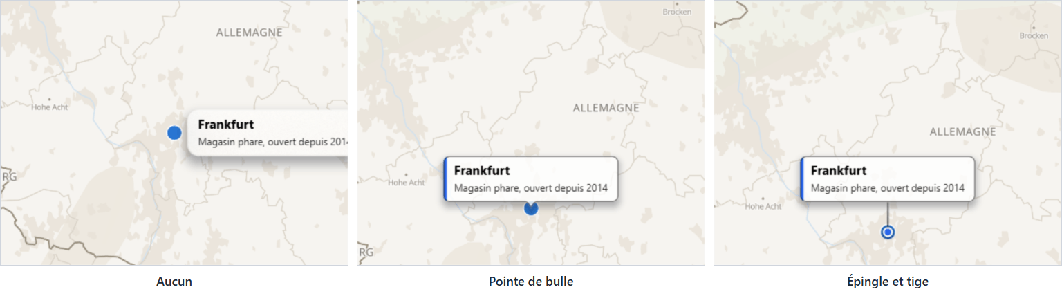 Trois étiquettes de type carte : l'une posée sur son emplacement, une avec une pointe de bulle, et une surélevée sur une épingle et une tige