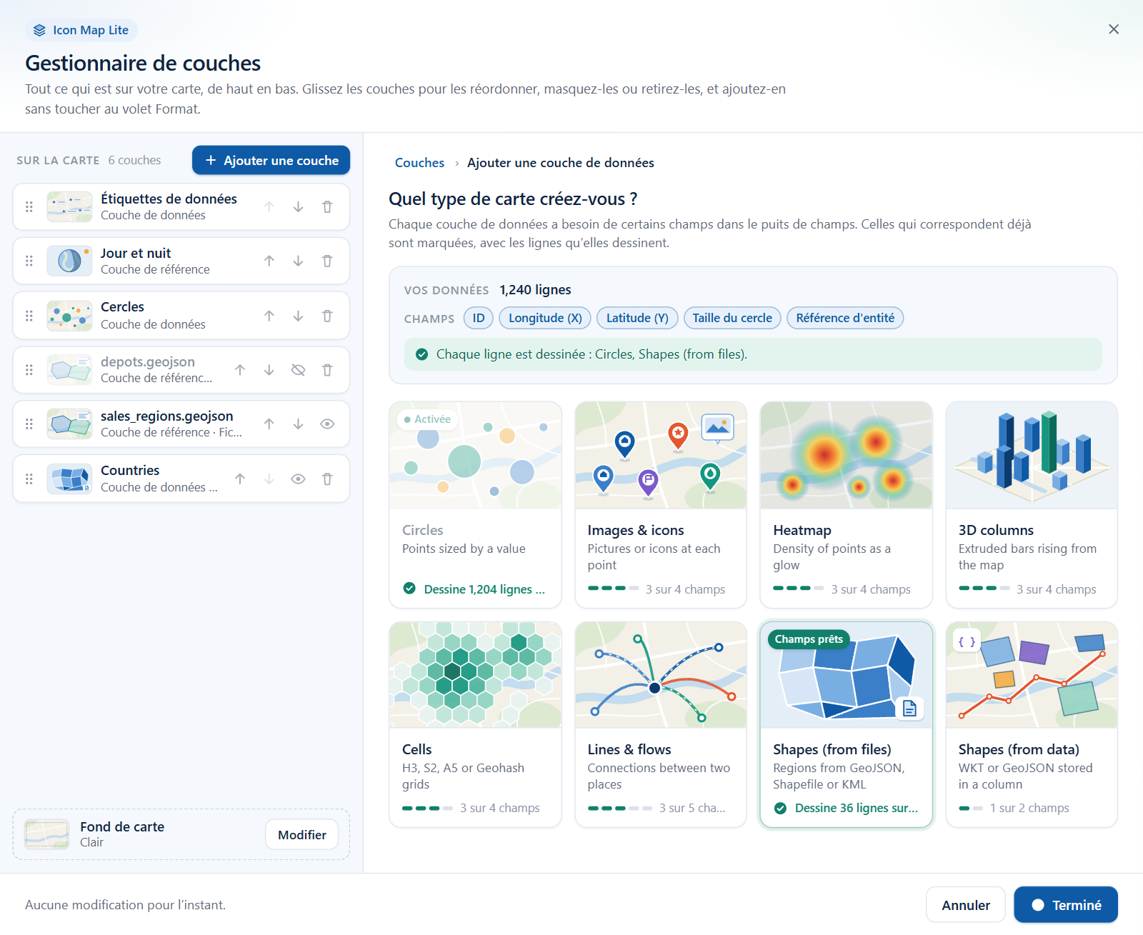 Le sélecteur de couche de données du Gestionnaire de couches, avec le panneau Vos données au-dessus d'une vignette pour chaque type de couche de données