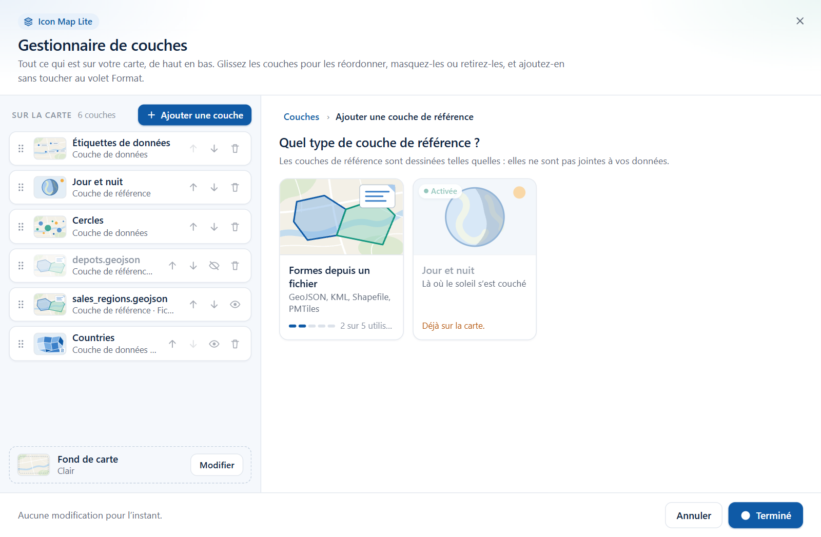 Le sélecteur de couche de référence, avec les vignettes Formes depuis un fichier et Jour et nuit