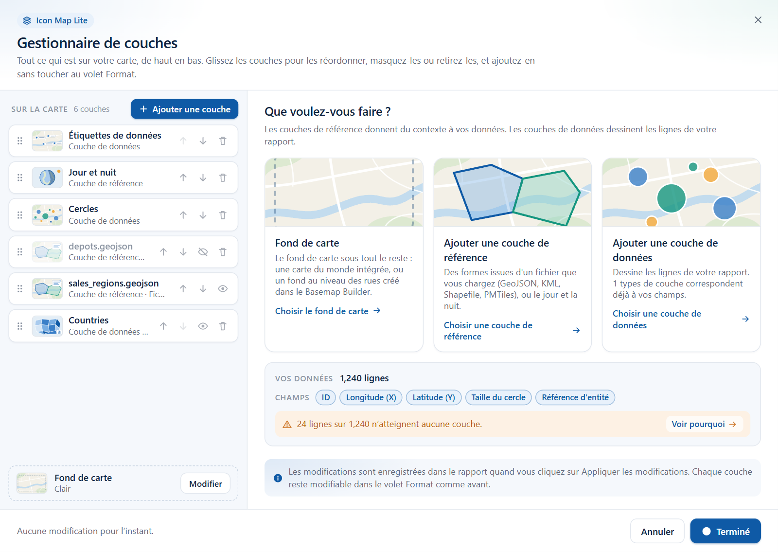 La boîte de dialogue Gestionnaire de couches, avec la liste des couches à gauche et la vue d'accueil à droite