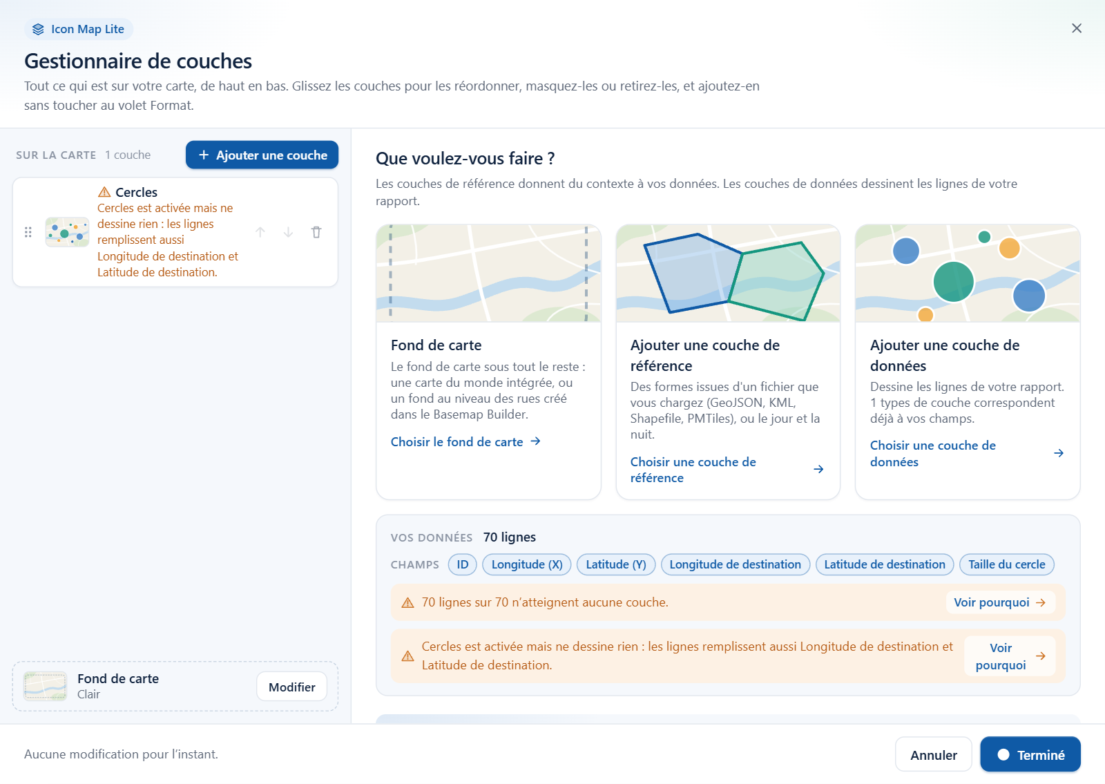 La liste du Gestionnaire de couches avec une icône d'avertissement sur une couche de données activée qui ne dessine rien, et la ligne correspondante dans le panneau Vos données