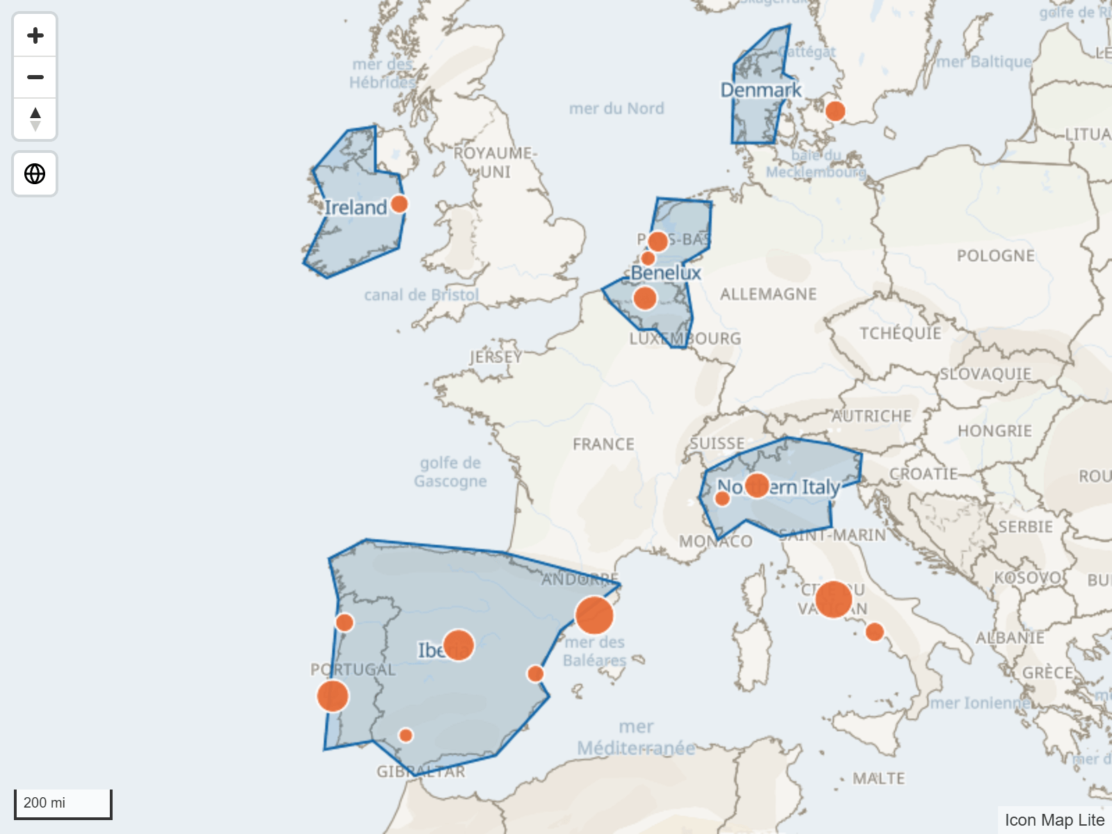 Des territoires de vente issus d'un fichier GeoJSON chargé, dessinés sous forme de polygones avec contour et étiquettes, sous les cercles des données du rapport
