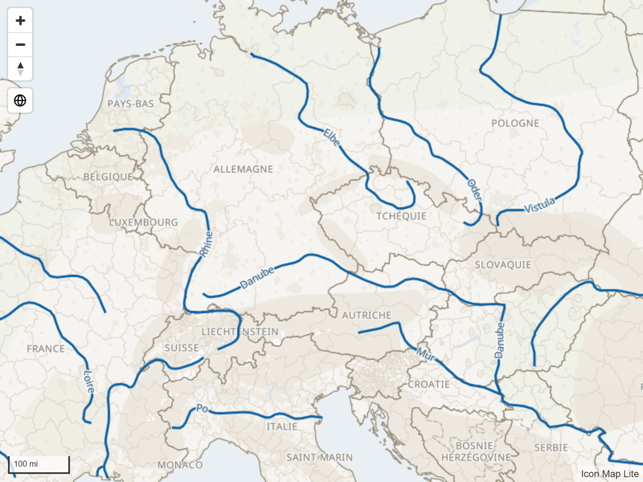 Un réseau de cours d'eau issu d'un fichier chargé, avec le nom de chaque cours d'eau qui s'incurve le long de sa ligne