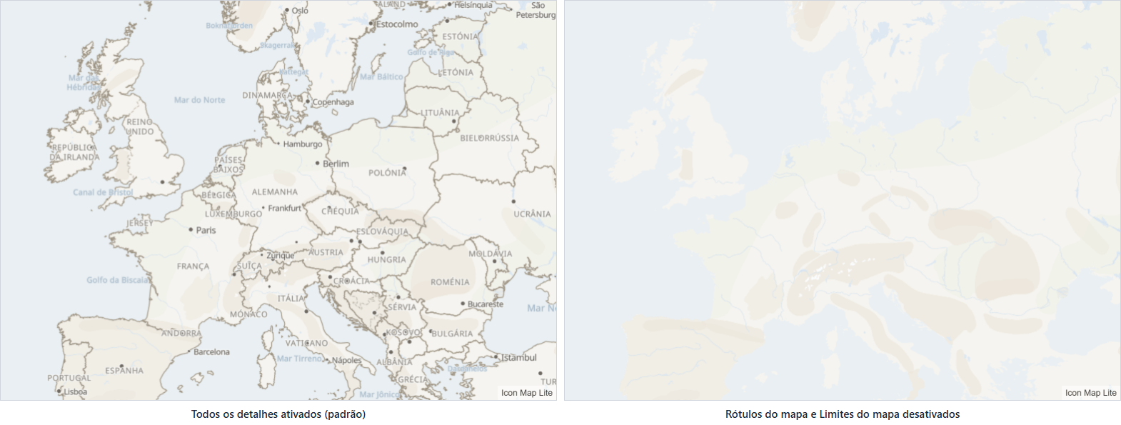 O tema Claro sobre a Europa com os nomes dos países e as fronteiras ativados, e a mesma vista só com a terra e o mar