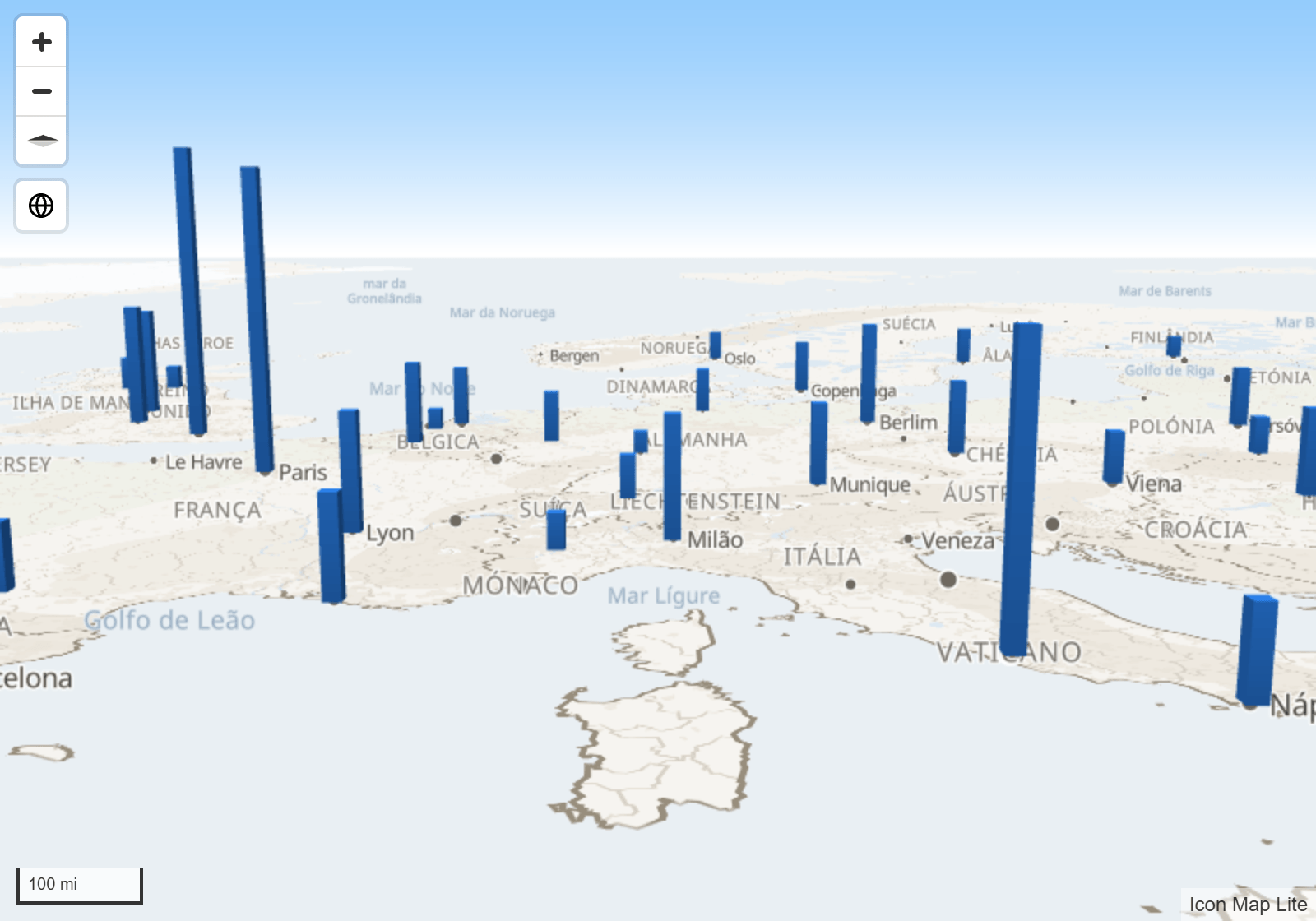 Um mapa inclinado de colunas 3D, iluminadas de um lado, com um céu azul que se esvai até um horizonte claro acima do mapa