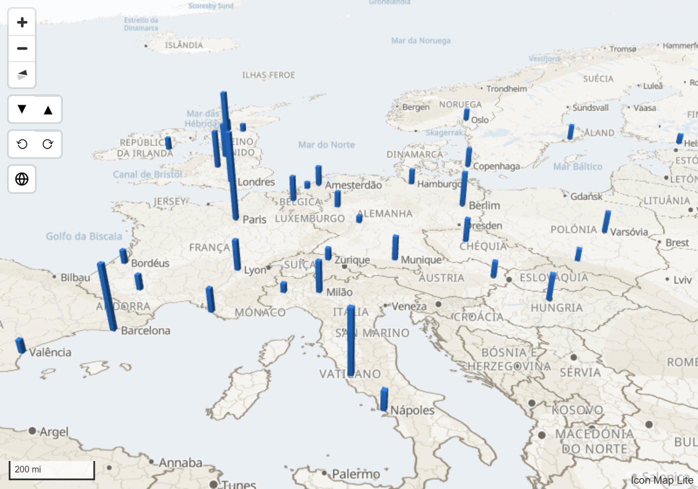 Um mapa inclinado e girado de colunas 3D sobre o mapa-múndi integrado