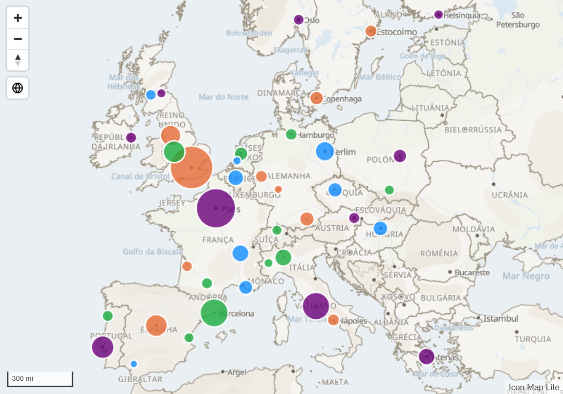 Círculos de tamanhos e cores diferentes em cidades de toda a Europa