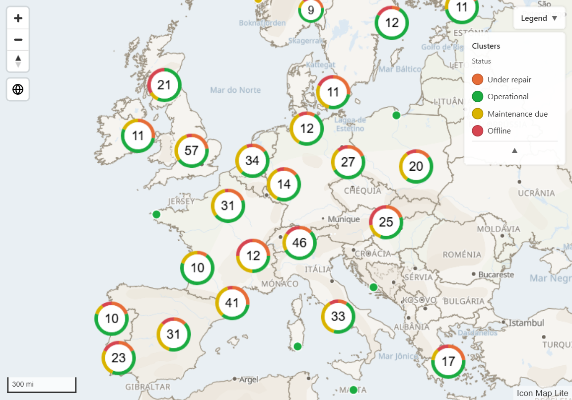 Clusters em rosca mostrando contagens divididas por categoria