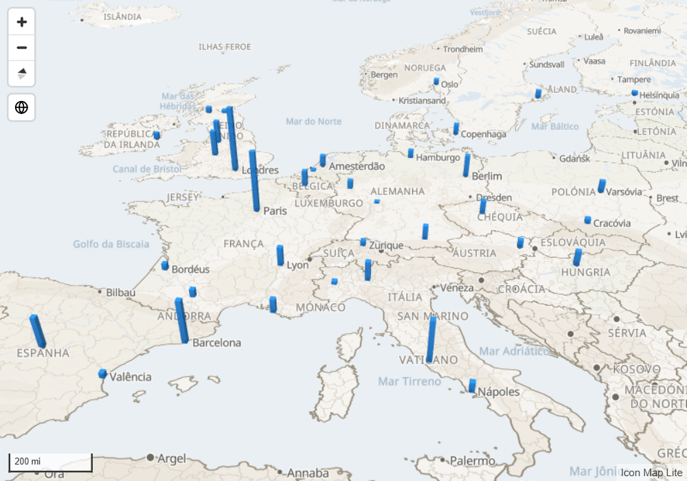 Colunas de alturas diferentes erguendo-se de um mapa inclinado da Europa