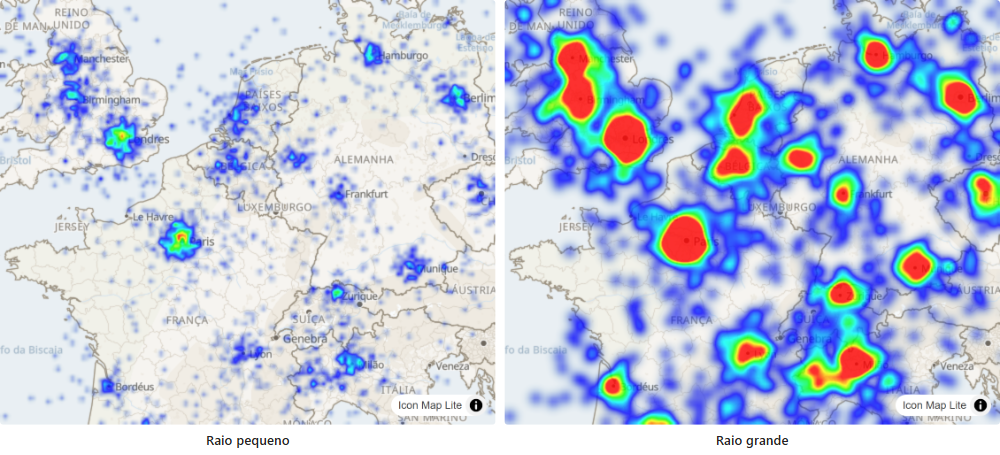 O mesmo mapa de calor com um raio pequeno e um raio grande