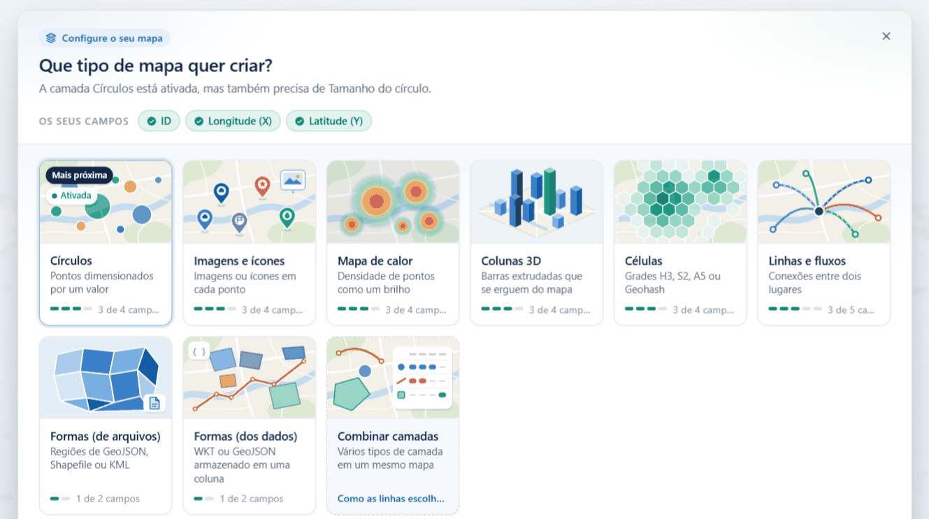 O painel Que tipo de mapa quer criar?, com um bloco para cada tipo de camada e os campos de que cada uma precisa
