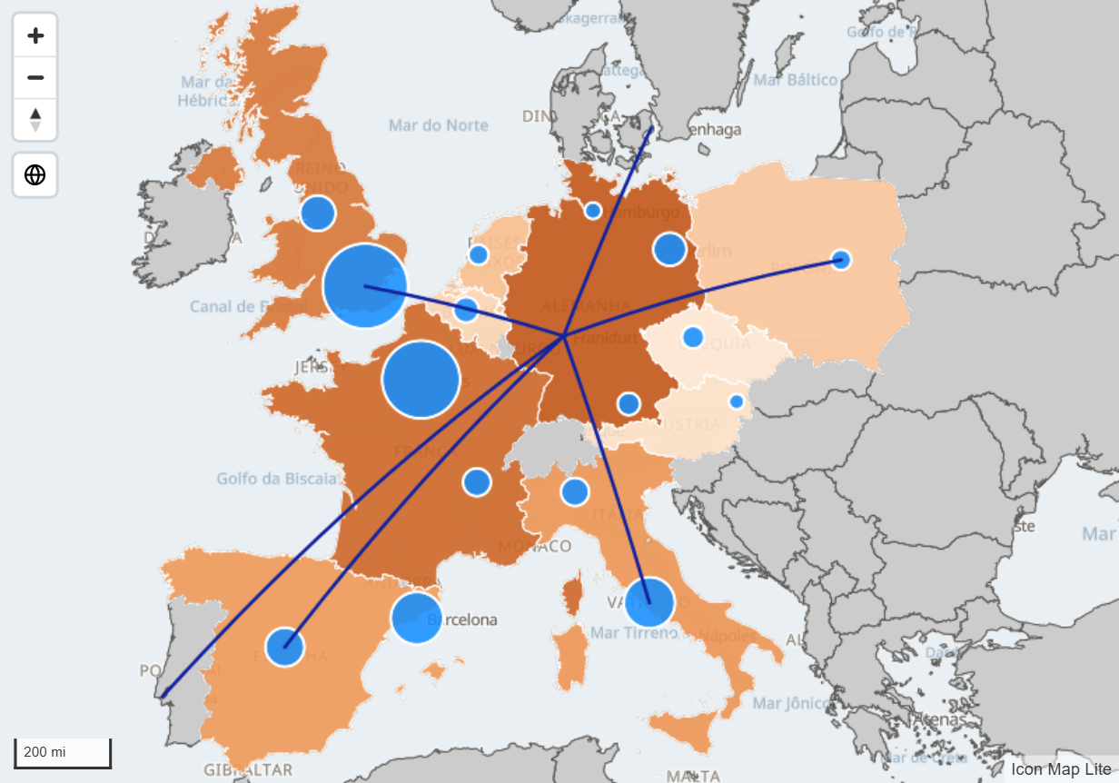 Um mapa da Europa com países coloridos por uma medida, círculos nas cidades e linhas entre elas, tudo desenhado a partir de uma única tabela do Power BI