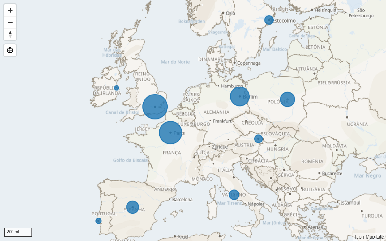 Dez círculos de tamanhos diferentes sobre a Europa, no mapa de fundo padrão Claro
