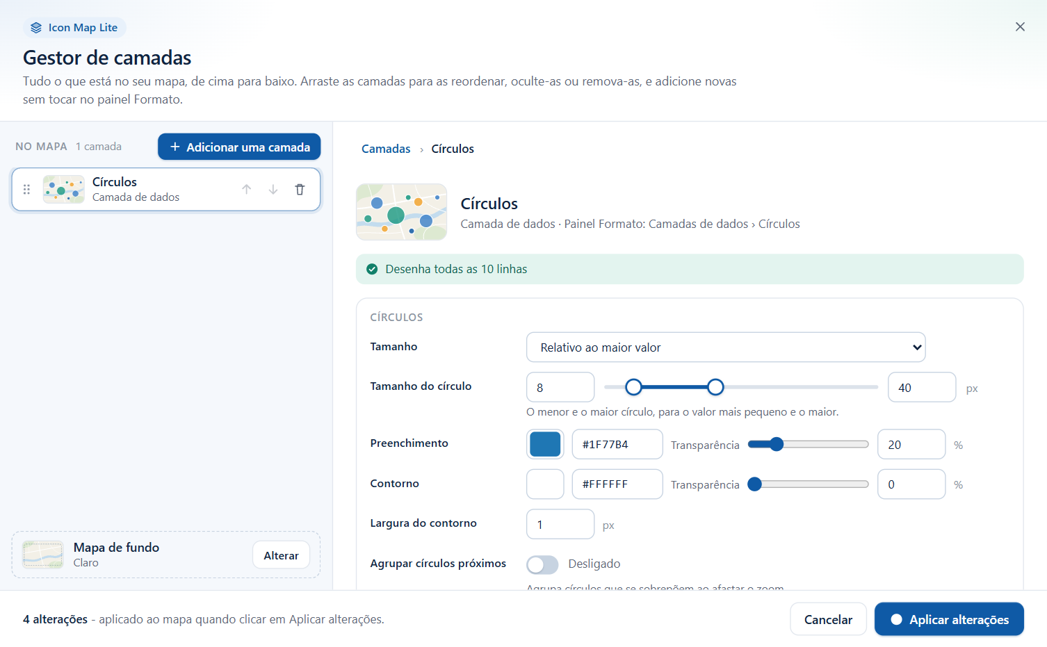 O Gestor de camadas do Icon Map Lite com o editor de Círculos aberto, mostrando as configurações de tamanho e de contorno