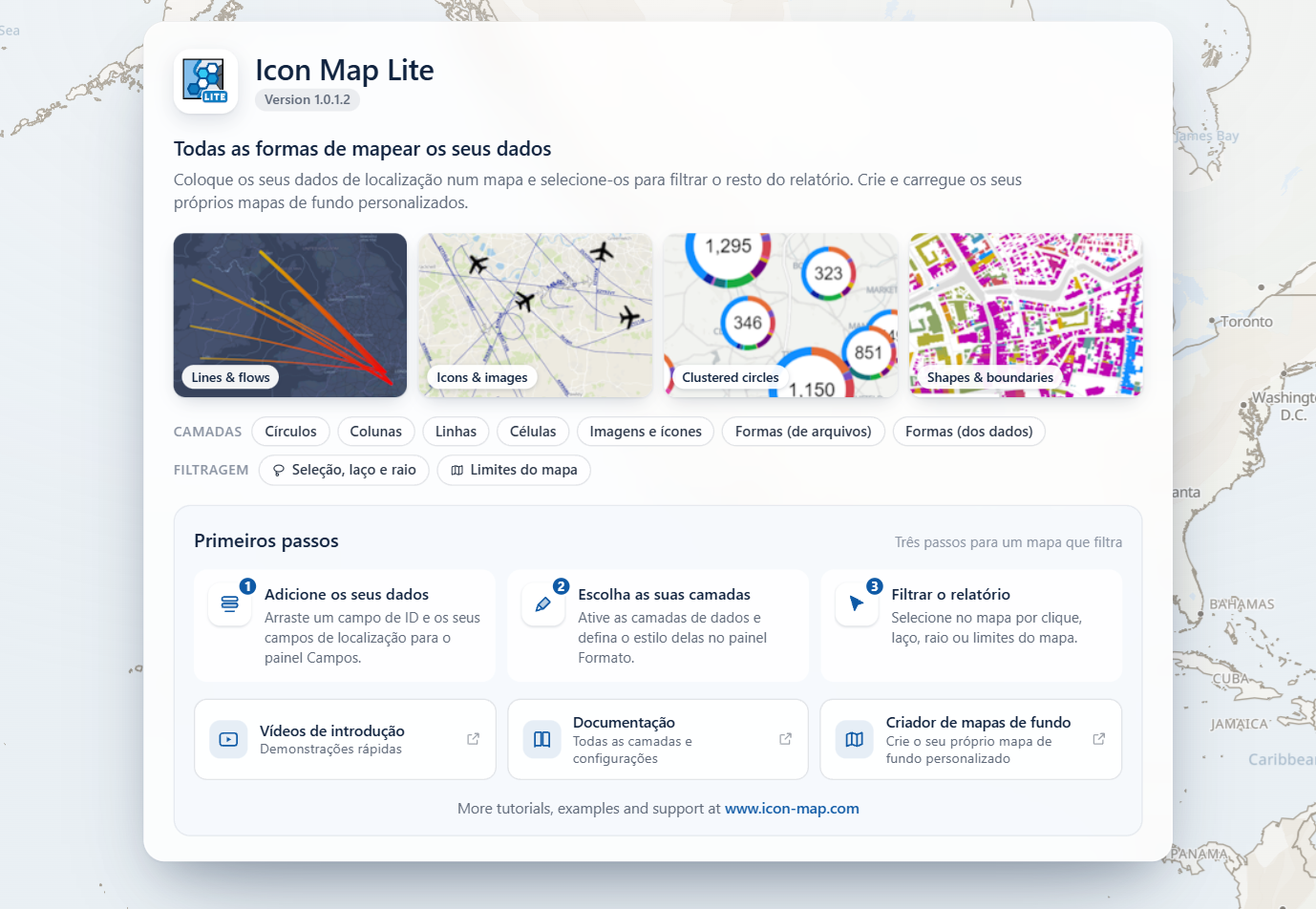 A página inicial do Icon Map Lite em um visual vazio