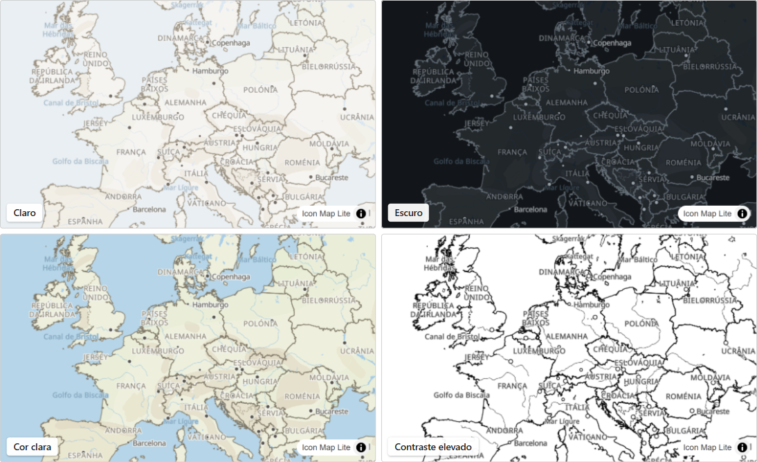 A mesma parte da Europa em quatro dos temas integrados: Claro, Escuro, Cor clara e Contraste elevado