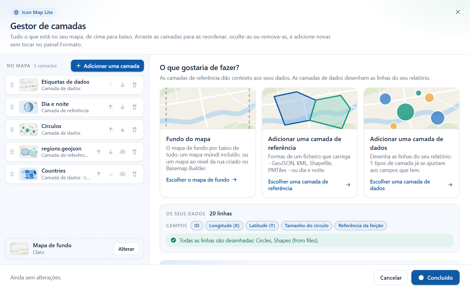 O Gestor de camadas do Icon Map Lite, com a lista de camadas à esquerda e a vista inicial à direita