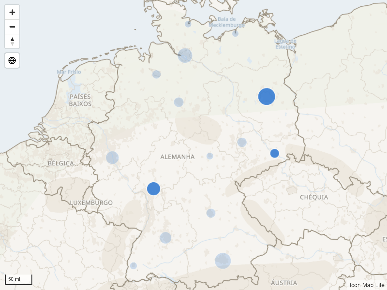 Um mapa de círculos em que três círculos selecionados estão sólidos e os demais estão esmaecidos