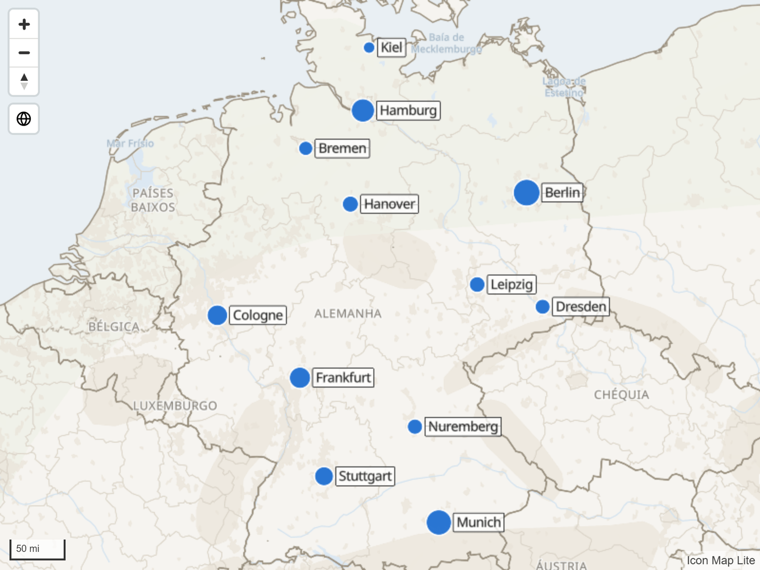 Círculos em um mapa, cada um com um rótulo de texto em um contêiner branco ao lado