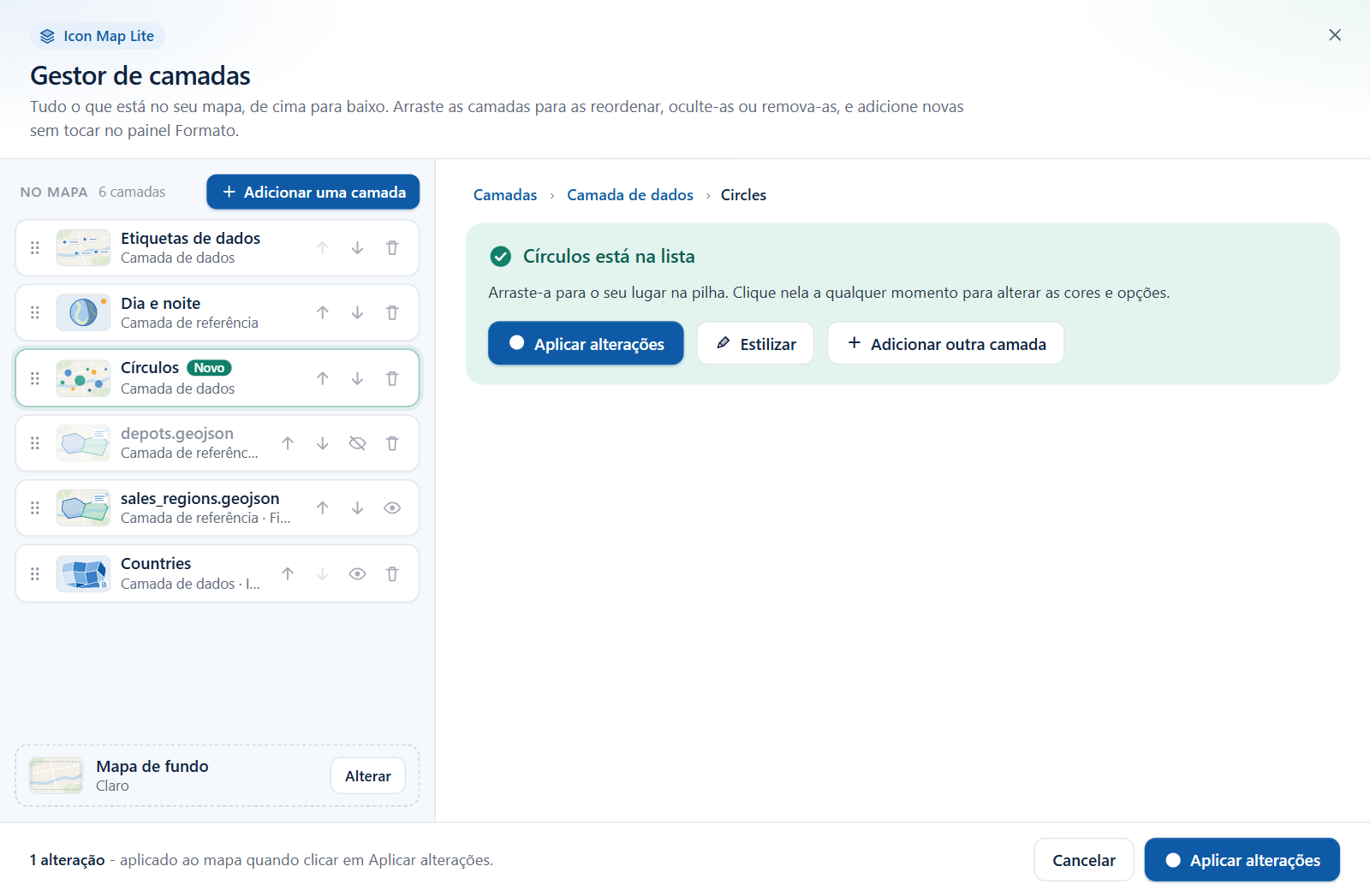 A confirmação depois de adicionar uma camada, com os botões Aplicar alterações, Estilizar e Adicionar outra camada