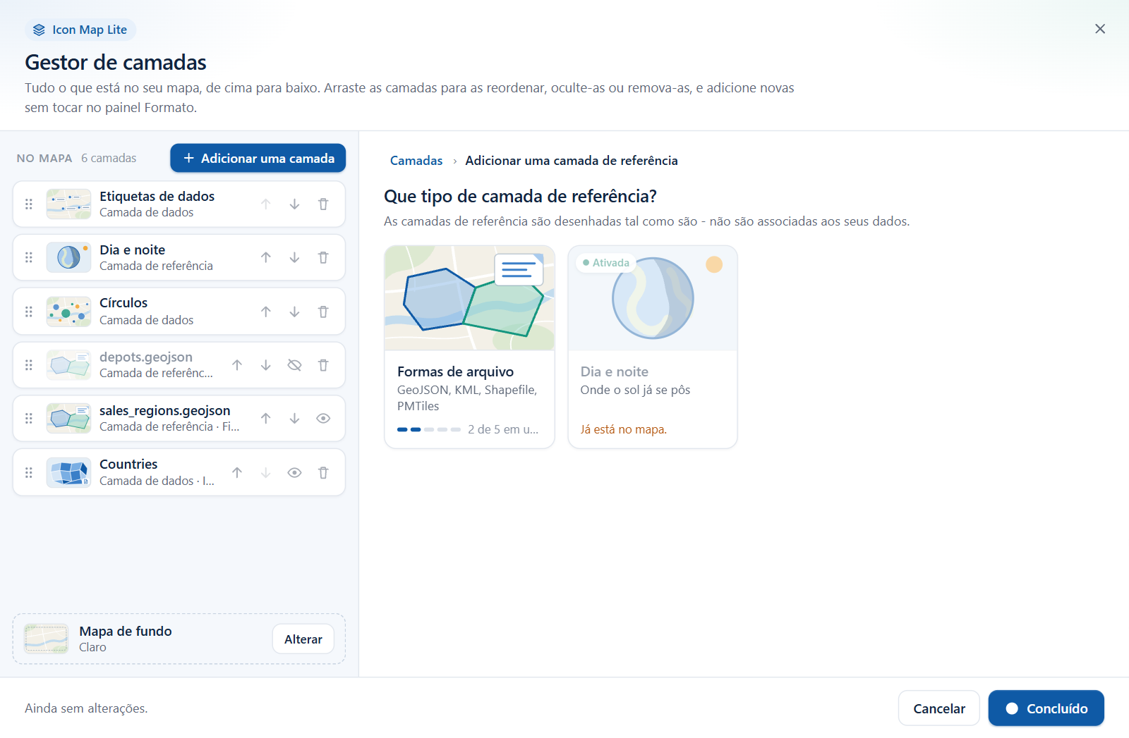 O seletor de camadas de referência, com os blocos Formas de arquivo e Dia e noite