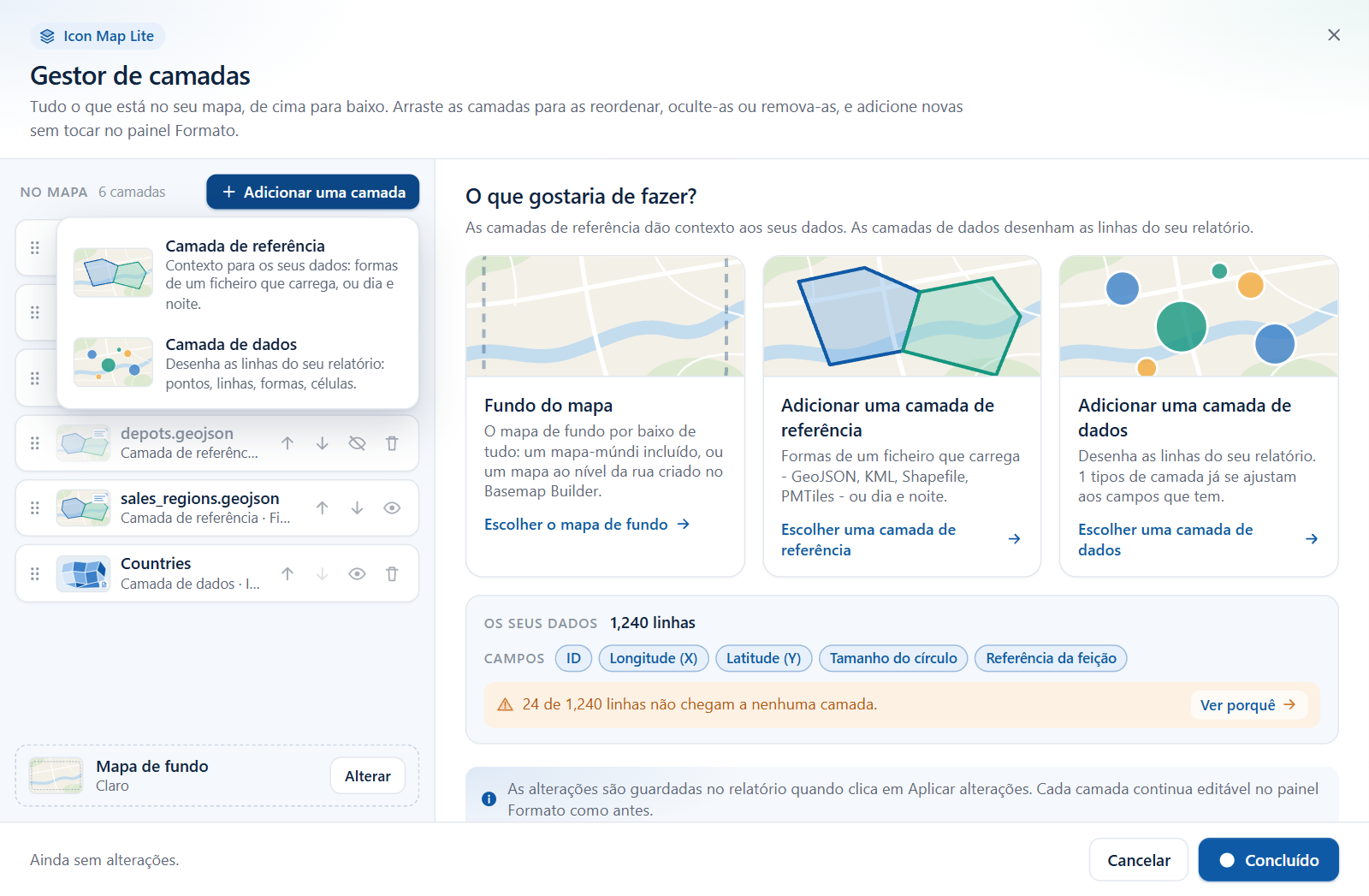 O menu Adicionar uma camada aberto, mostrando Camada de referência e Camada de dados