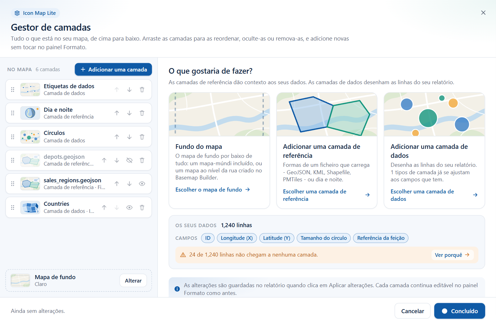 A caixa de diálogo Gestor de camadas, com a lista de camadas à esquerda e a vista inicial à direita