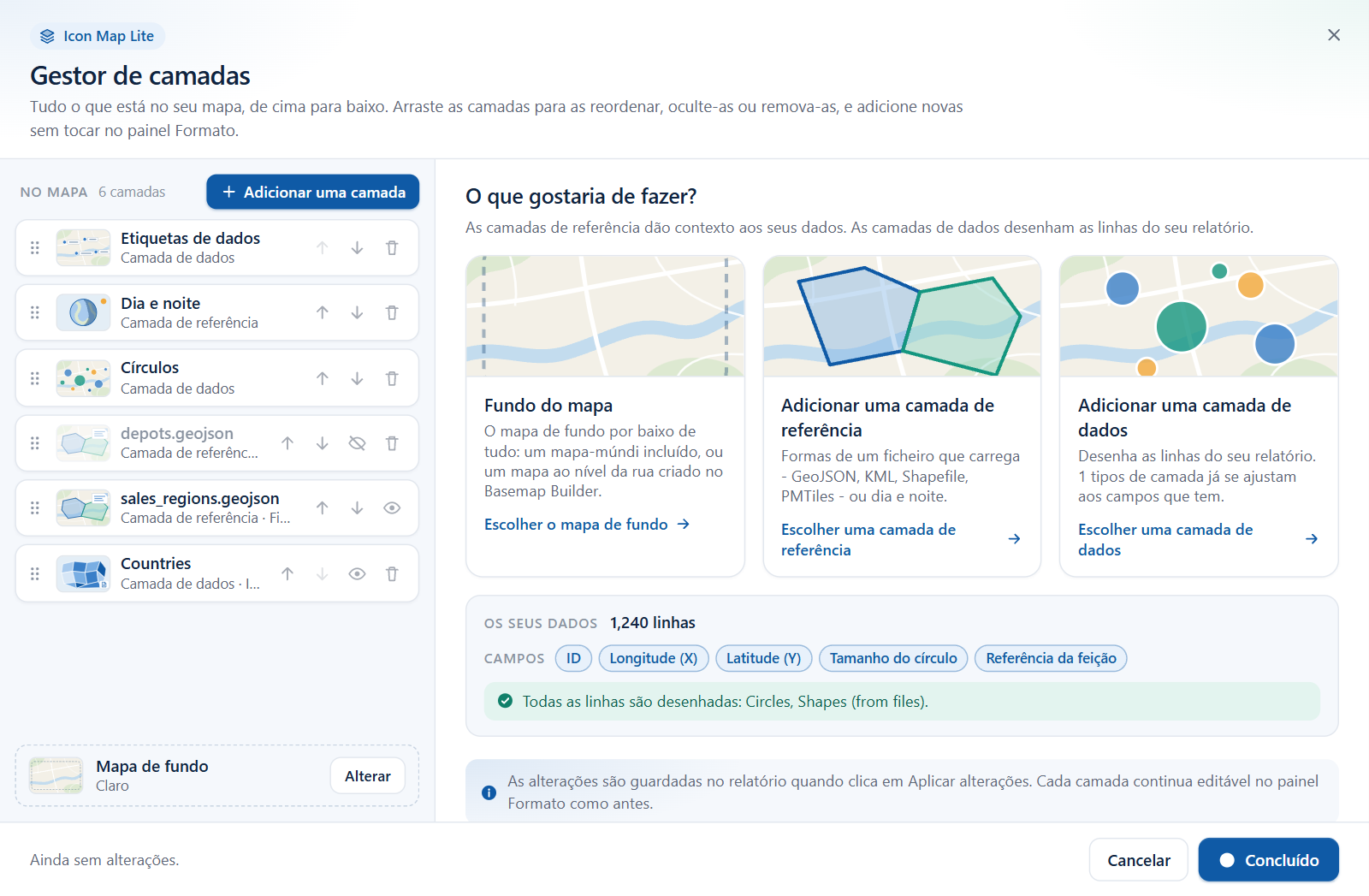 O painel Os seus dados na vista inicial do Gestor de camadas, mostrando a contagem de linhas, os campos do visual e a linha de status