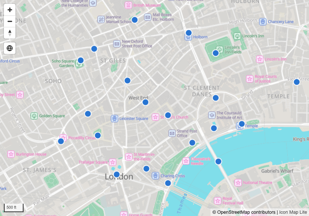 Central London drawn from a custom basemap at street level, with circles from the report's data on top