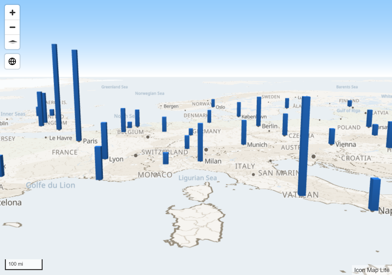 A tilted map of 3D columns, lit from one side, with a blue sky fading to a pale horizon above the map