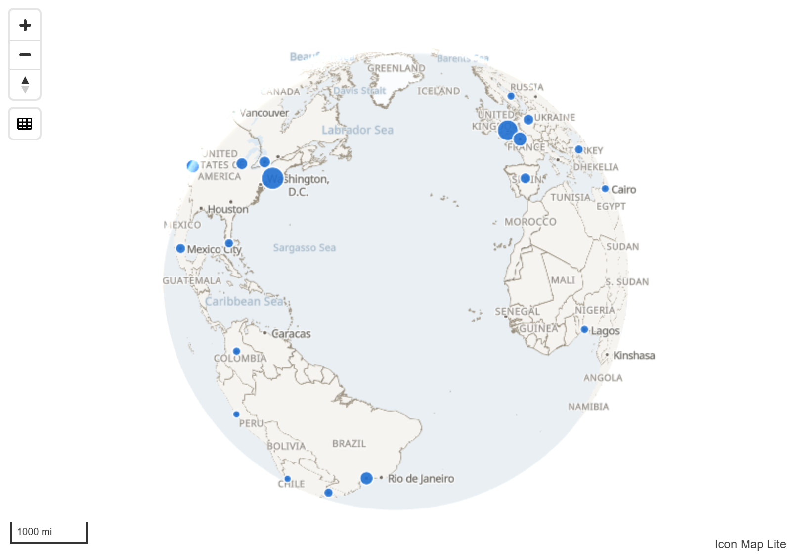 A map on the globe projection with data points across several continents