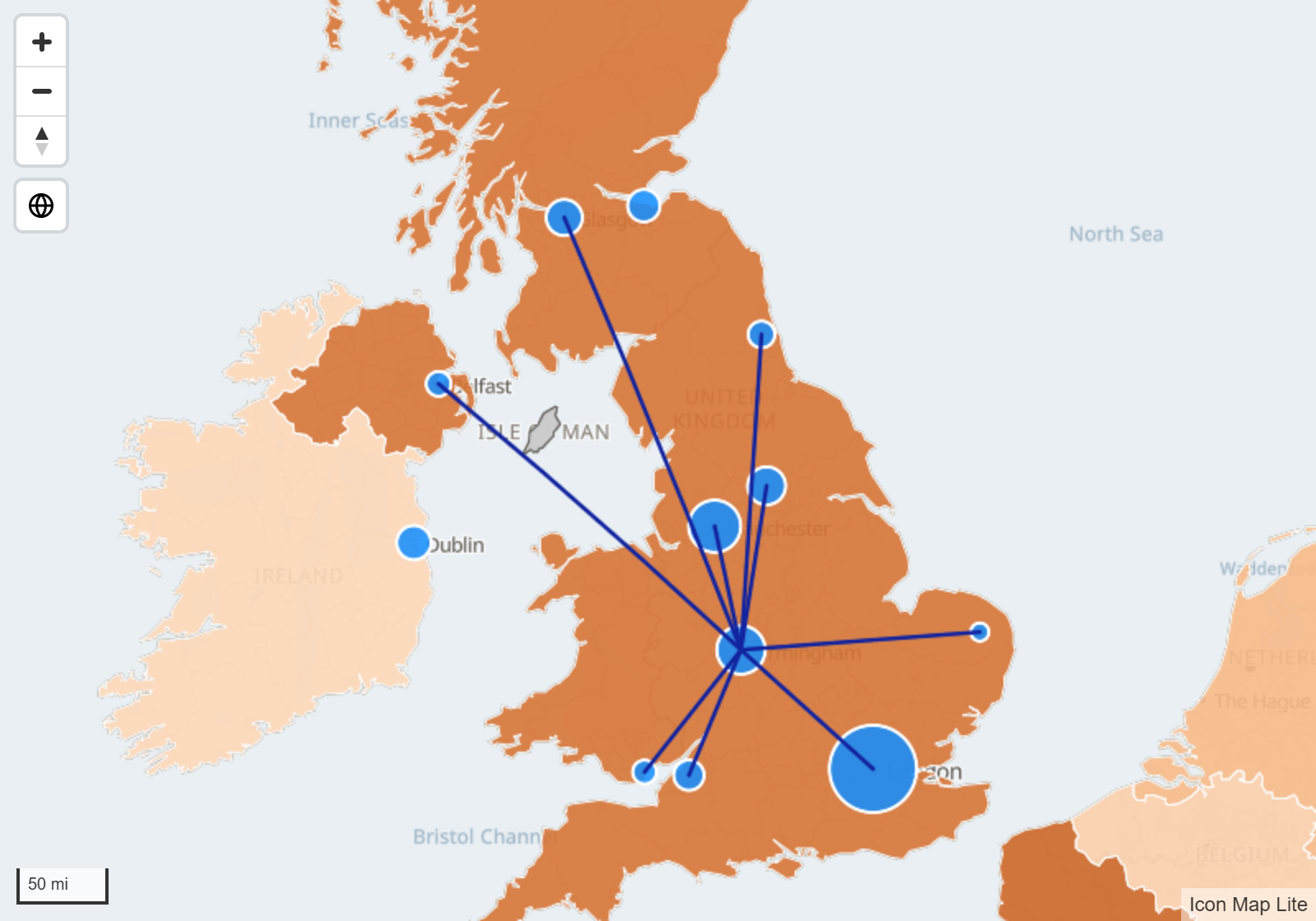 A map with countries as colored shapes, cities as circles and delivery lines between them