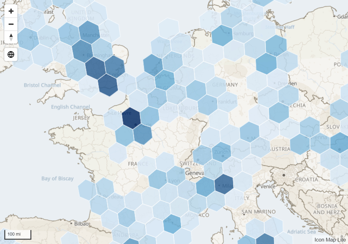 Hexagonal cells over Europe, shaded from pale to dark blue