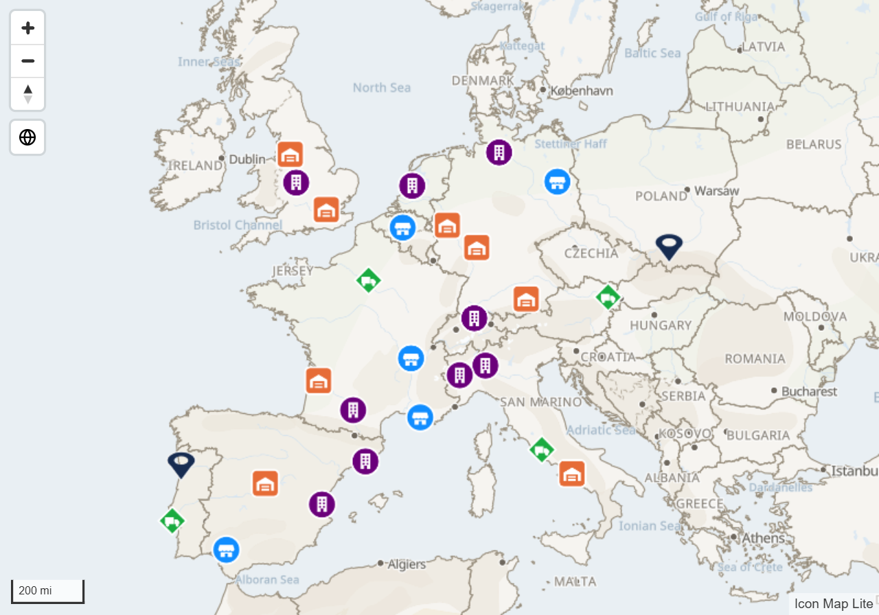 SVG icons of different shapes and colors marking cities on a map of Europe