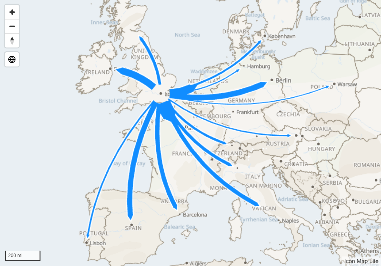 Curved arrows fan out from London to destinations across Europe