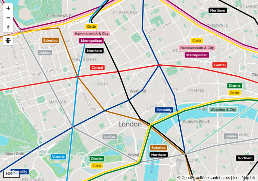 A transit network with several colored routes running side by side along shared streets