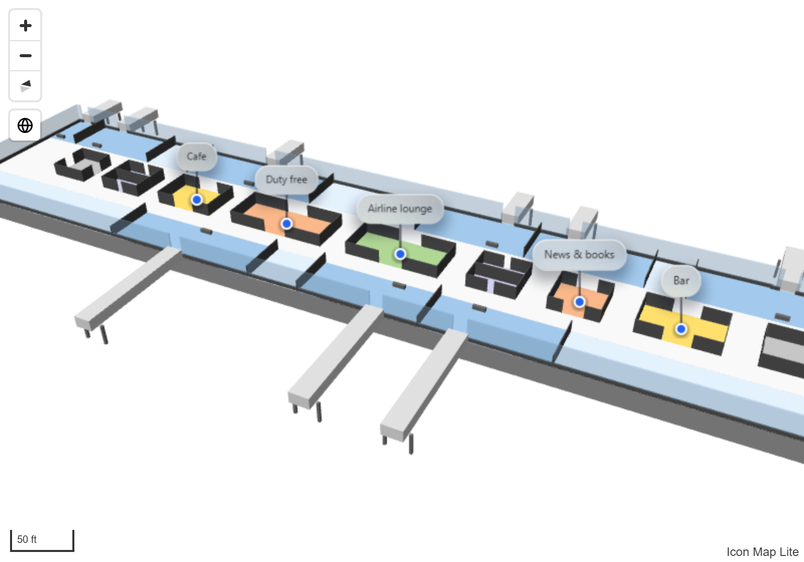 Rooms of a floor plan extruded into 3D blocks on a tilted map, with labels