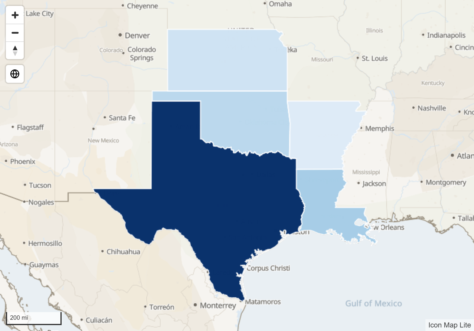 US states colored by a measure, the other states and provinces hidden