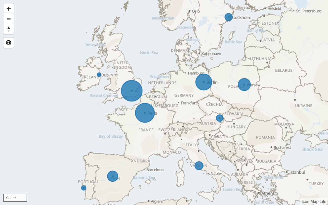 Ten circles of different sizes over Europe on the default Light background map