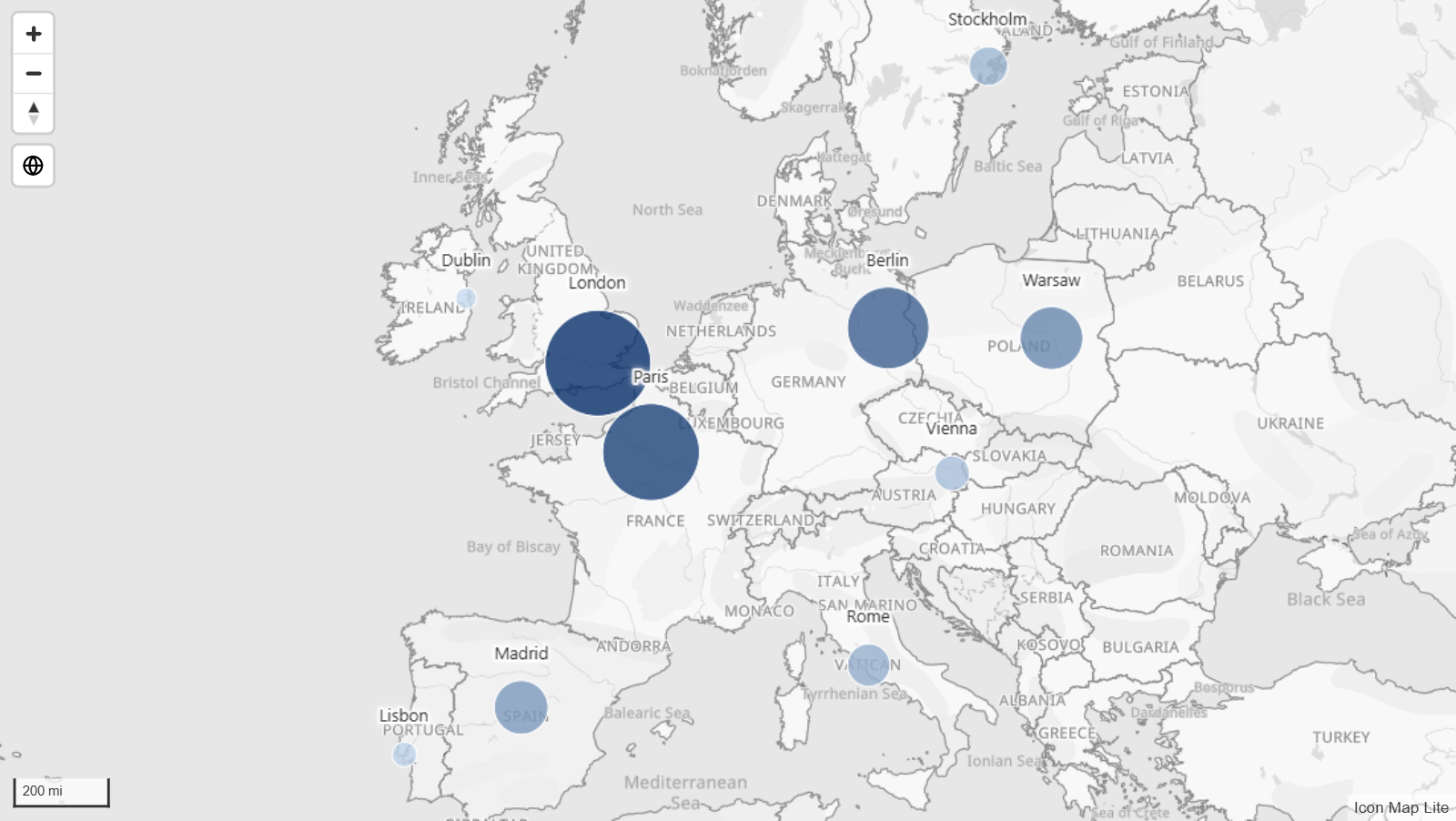 The finished map: ten European capitals drawn as circles sized and colored by sales, each labeled with its city name, on the Mono light background map
