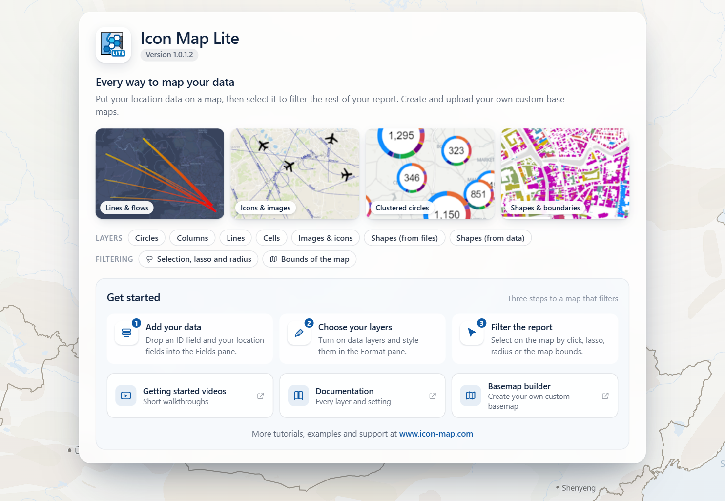 The Icon Map Lite start page in an empty visual