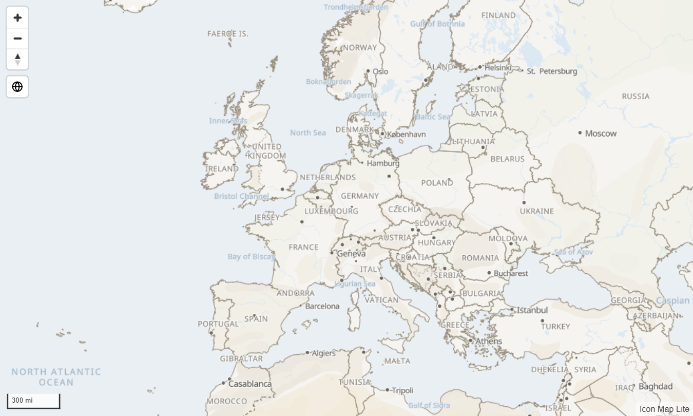 The built-in Light theme over Europe at zoom level 3, its most detailed level, with country borders, and countries, some cities and seas labeled