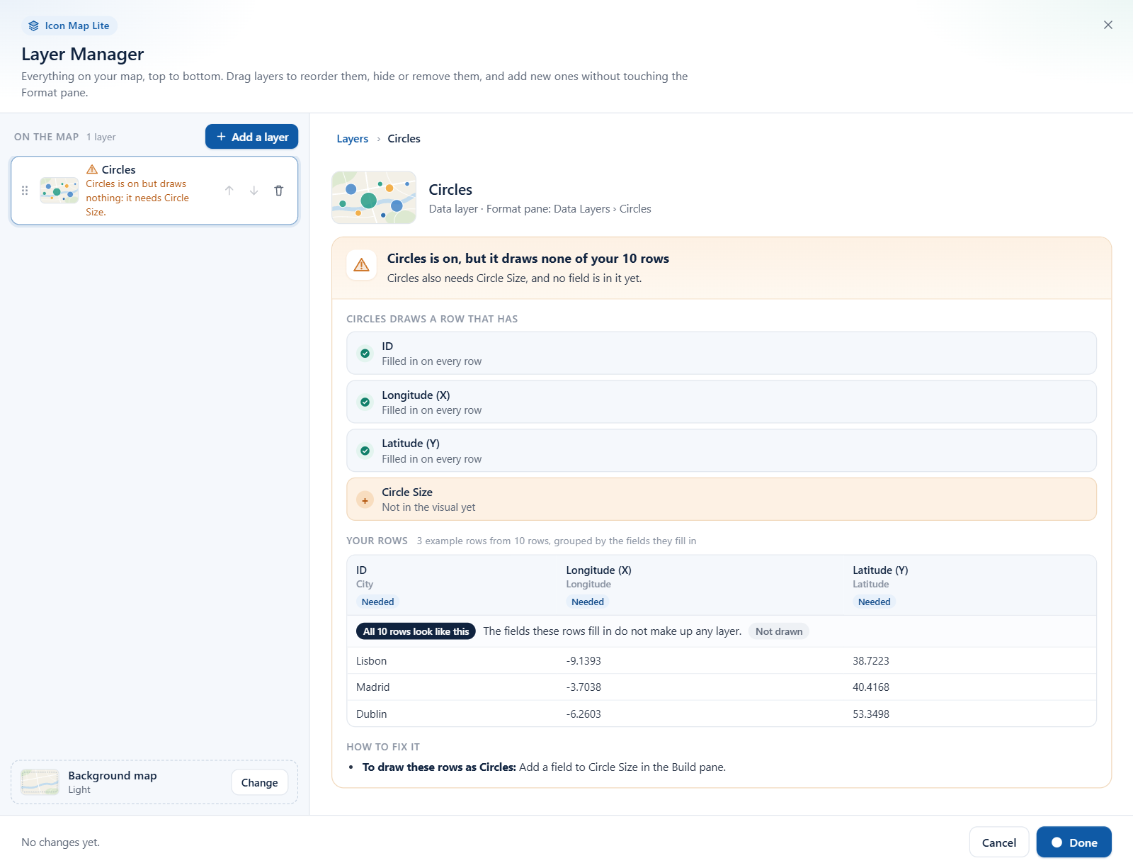 The Icon Map Lite Layer Manager explaining why a layer draws none of the report's rows, with example rows and a suggested fix