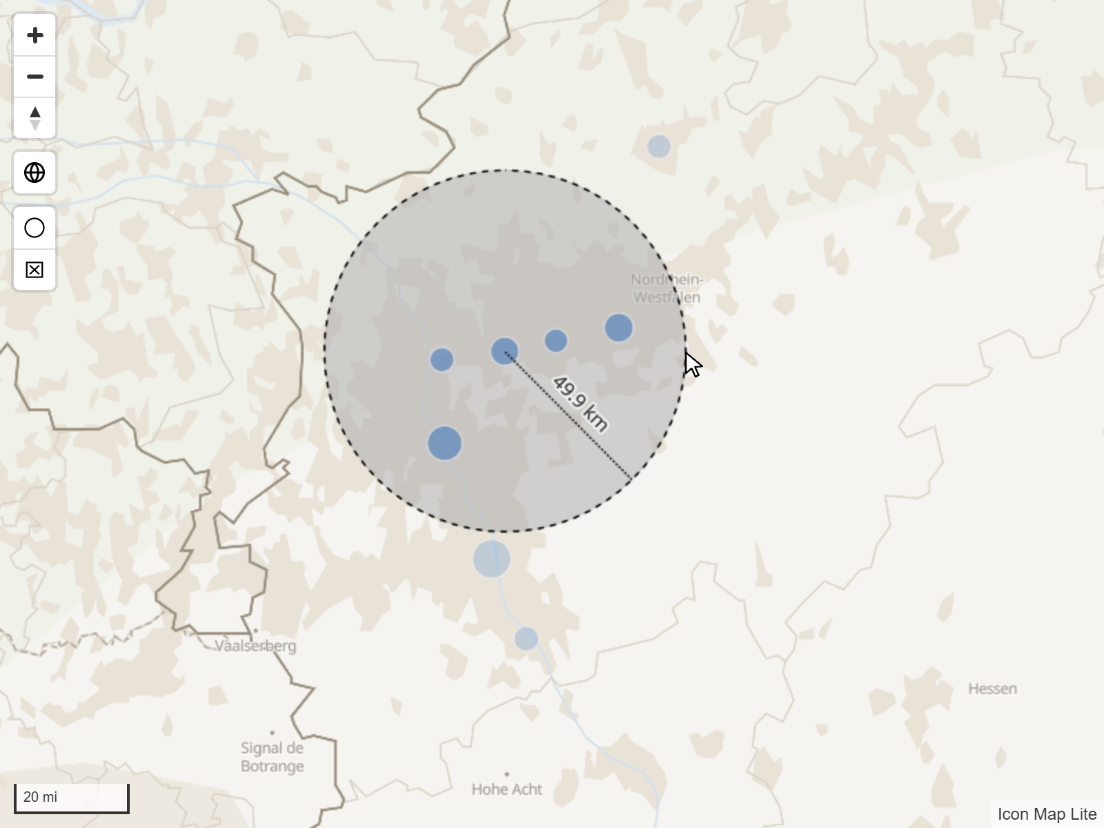 A circle drawn on the map with its radius shown in kilometers, and the circles inside it selected