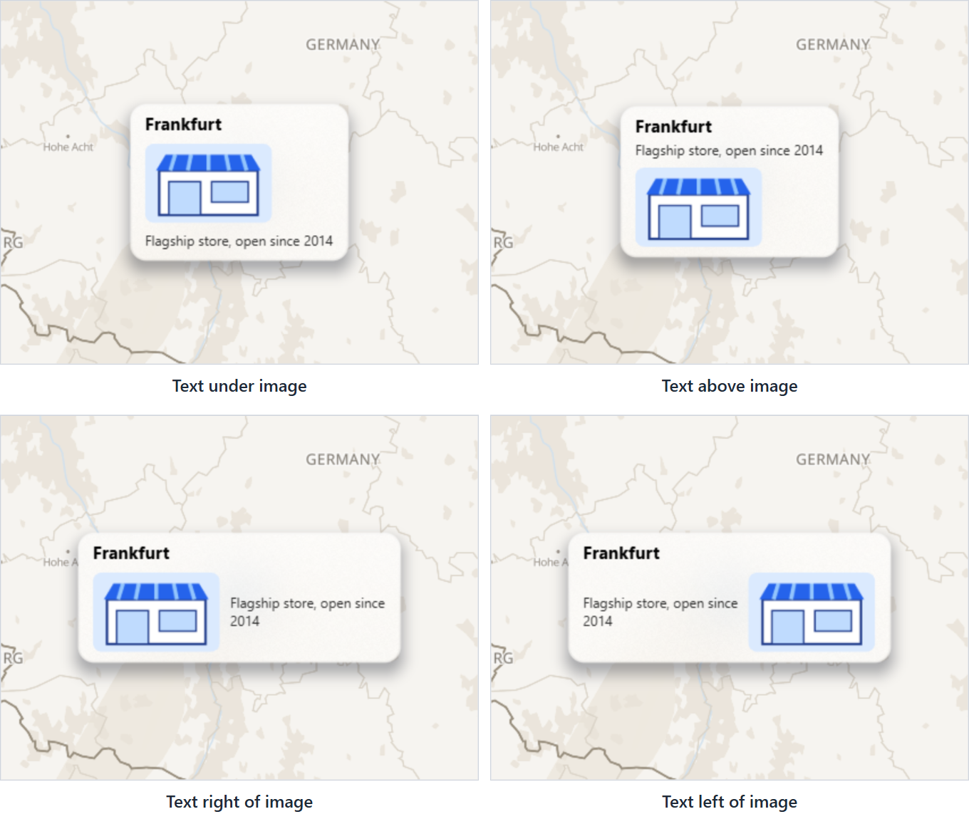 Four card labels showing the body text under, above, right of and left of an image