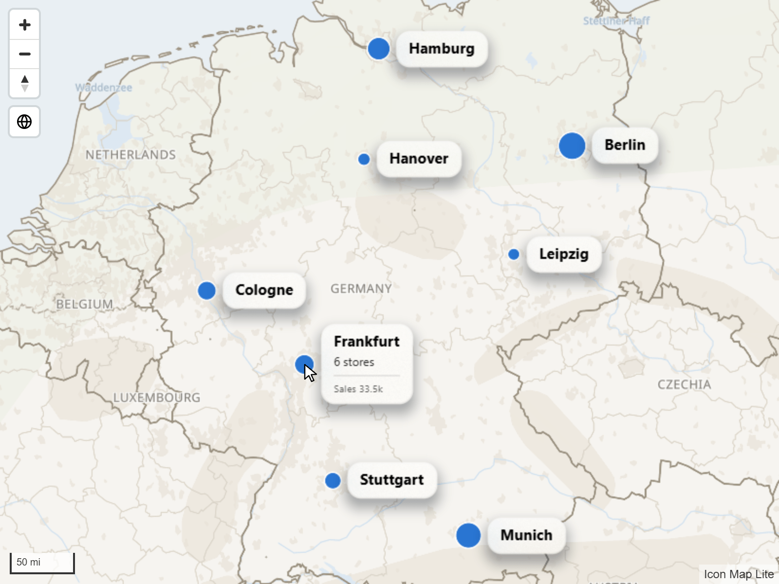 A map where only the circle under the mouse pointer shows its full card, and the other circles show a title only