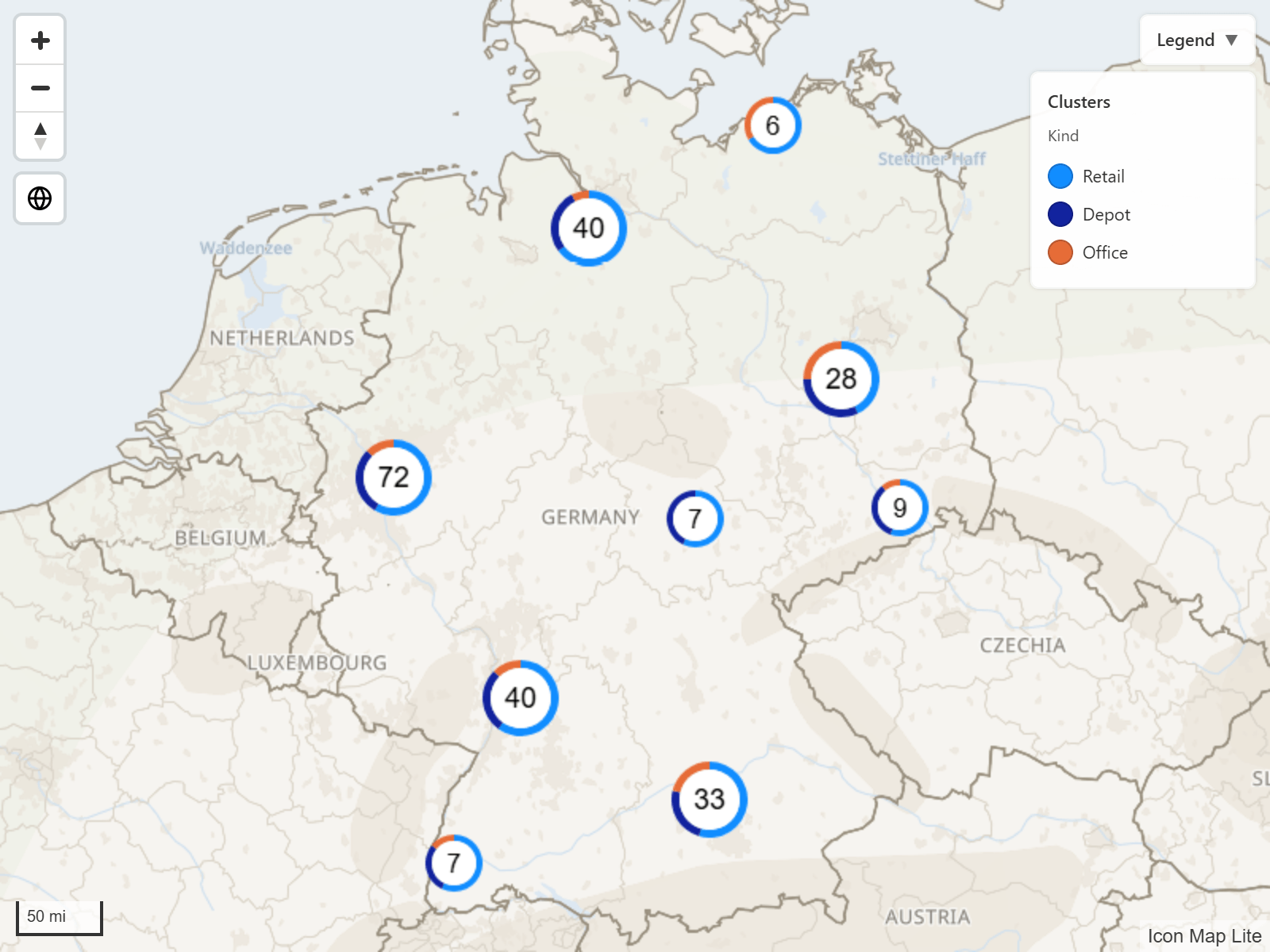 A map of clustered circles with a legend panel in the top right corner listing each category with its color