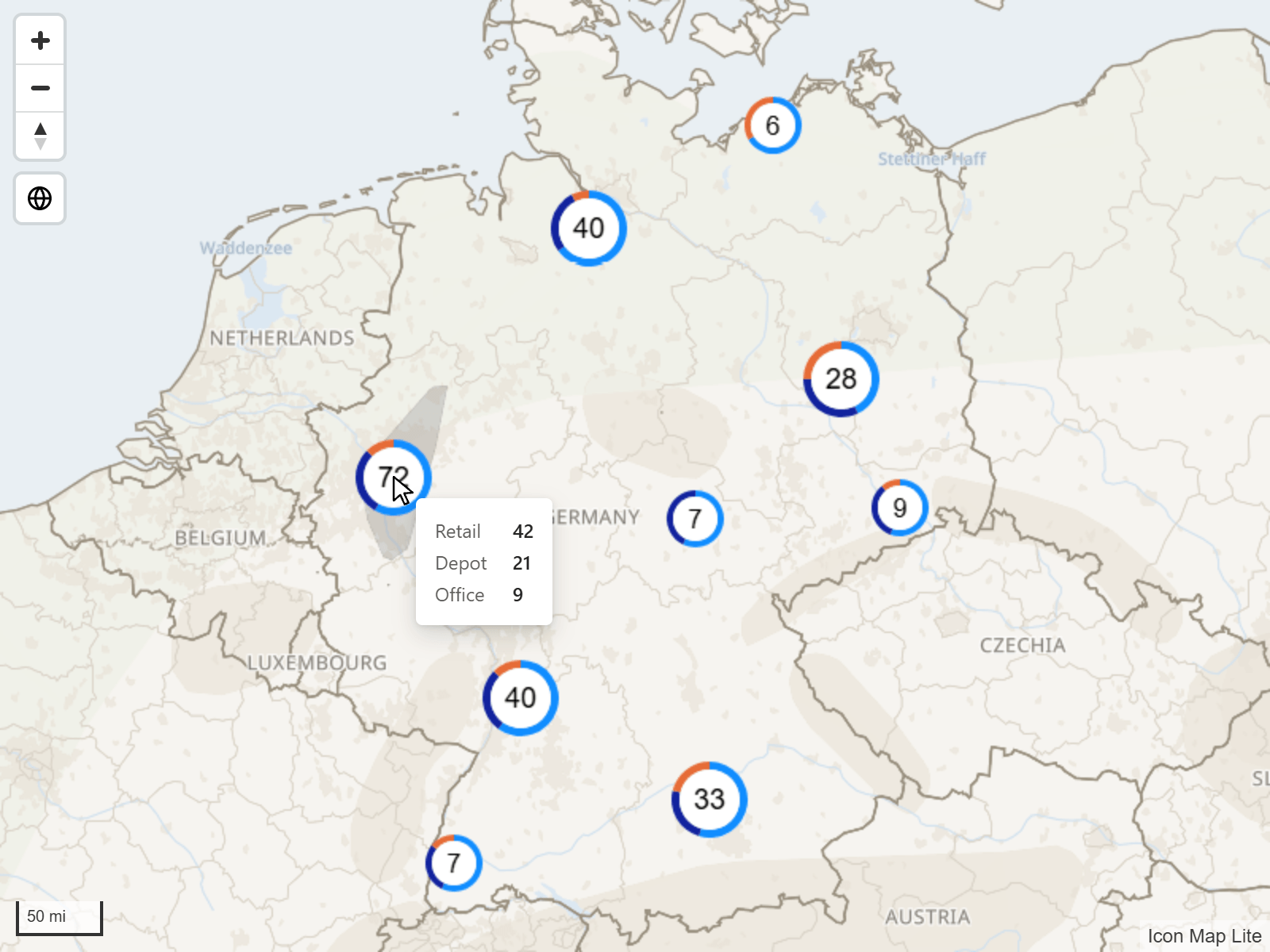 A cluster drawn as a donut chart with a tooltip listing each category and its count